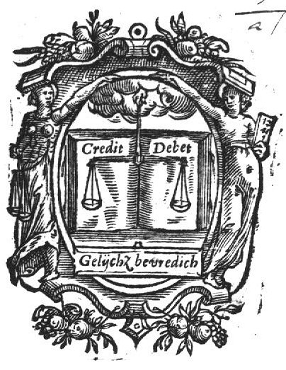 A hand from the clouds holding a pair of scales in front of an open book; frame decorated with female personification: a woman holding a pair of scales (Justice?) and a woman holding a book with digits (Arithmetica?)