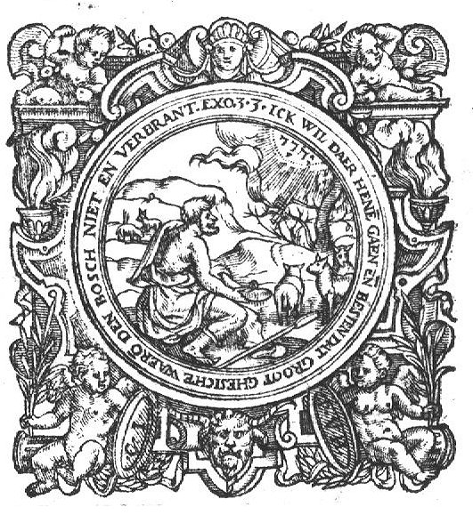 Moses taking off his sandals in front of the burning bush, above which a Jawheh-tetragram appears; frame decorated with putti, mascaron, and smoking pots