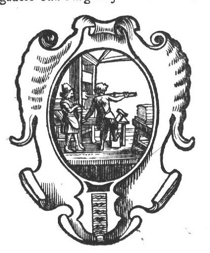 Two men at work in a printing office: one is rolling ink-balls, the other is printing; frame decorated with arms of Delft