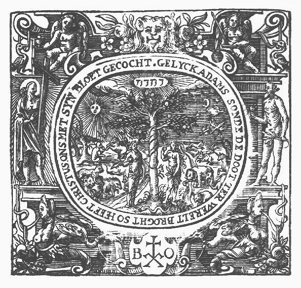 Adam and Eve surrounded by the animals in paradise, each holding fruit, standing on either side of the tree, above which a Jahweh-tetragram; elaborate frame decorated with Christ carrying the cross, Adam holding the apple, putti, birds; 'Hausmarke' and initials "B.O."