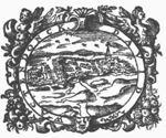 Prospect of a city; frame decorated with festoons and monsters of mixed human and animal shape