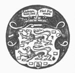 Coat of arms of the province of Friesland (two lions); a smaller coat of arms of the city of Franeker (bell); an open book