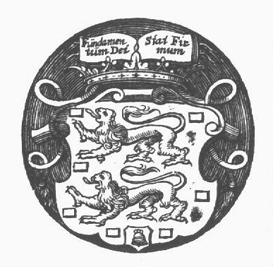 Coat of arms of the province of Friesland (two lions); a smaller coat of arms of the city of Franeker (bell); an open book