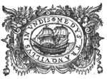 Sailing-ship (Lat.: navis); frame decorated with flowers, ribbons and festoons