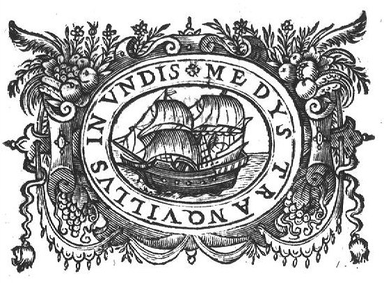 Sailing-ship (Lat.: navis); frame decorated with flowers, ribbons and festoons