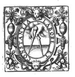Compasses held by a hand (clouds); frame decorated with vases with flowers, mascaron, festoons and lion's head