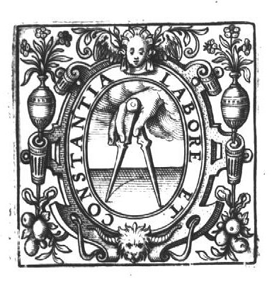 Compasses held by a hand (clouds); frame decorated with vases with flowers, mascaron, festoons and lion's head
