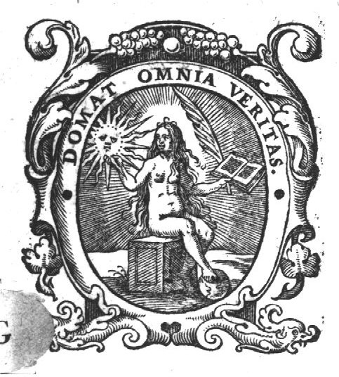 Truth (Dutch: 'waarheid'): a naked woman, on a cubical seat, holding the sun represented as a face, a palm-branch and an open book, the right foot resting on a globe; decorated frame
