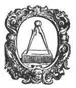 Compasses on a stone; decorated frame with cherub(?) and festoons