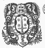 Coat of arms of Haarlem; frame decorated with hybrid being of mixed human and animal shape, lion's head and festoons; shield with 'Hausmarke'/monogram of the letters "H.A.N.S W.E.S.B.U.S.C.H"