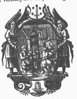In an oval medallion held by two angels, with the arms of Haarlem on top and a fountain below, three men are at work in a printing office: a man rolling ink-balls, a printer, a type-setter seated at a typecase; two visitors (customers?)