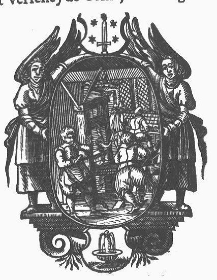 In an oval medallion held by two angels, with the arms of Haarlem on top and a fountain below, three men are at work in a printing office: a man rolling ink-balls, a printer, a type-setter seated at a typecase; two visitors (customers?)