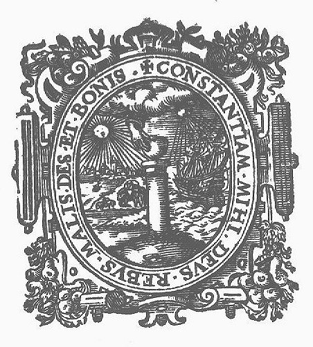 The right hand of God puts a heart on a pillar (Constancy), storm threatening a sailing-ship at sea; a sunny meadow with sheep; frame decorated with fruits and festoons