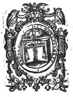 A hand from the clouds holding a pair of scales in front of an open book, with inscription; frame decorated with birds and festoons