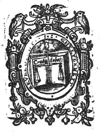 A hand from the clouds holding a pair of scales in front of an open book, with inscription; frame decorated with birds and festoons