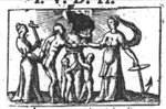 The Three Theological Virtues (Faith, holding a cross; Hope, holding an anchor; and Charity, with two naked children) standing in a circle; Hope and Faith are leading a naked man by the hand; Jahweh-tetragram