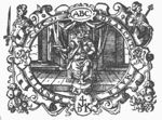 A king or emperor, holding a orb and a sword, enthroned under a canopy; frame decorated with 'oriental' soldiers, festoons, coats of arms; 'Hausmarke' and initials "D.M.K."(?)