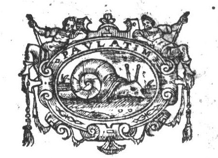 A snail; ornamental scrollwork frame with a man and a woman