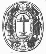 Two angels hold a medallion with a cross resting on a skull with bones, and with a crown of thorns; a shield with a crane holding a stone in its claw below and the Haarlem arms above it