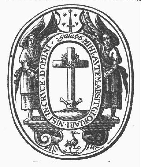 Two angels hold a medallion with a cross resting on a skull with bones, and with a crown of thorns; a shield with a crane holding a stone in its claw below and the Haarlem arms above it