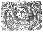 A snake in front of a dove with a crown above its head; frame decorated with putti and festoons