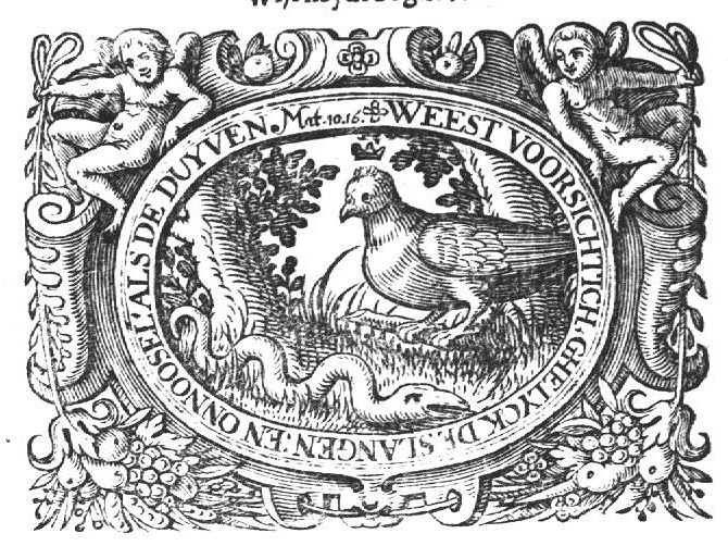 A snake in front of a dove with a crown above its head; frame decorated with putti and festoons