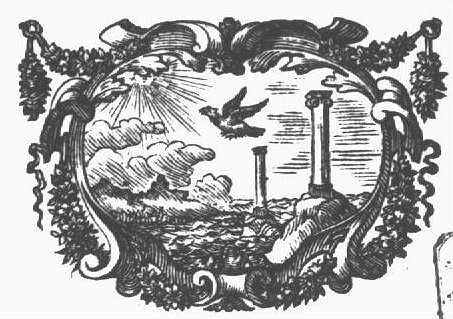 An eagle flying towards the sun, seascape with pillars of Hercules; frame decorated with festoons
