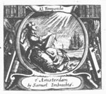 Hope (a woman sitting on an anchor, holding an open book); ships in the background; banderole with inscription; frame decorated with bookshelves and bookbinder's tools