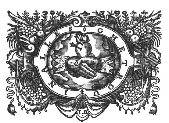Shaking hands, 'dextrarum junctio', with a flaming heart, pierced by an arrow; frame decorated with fruits and flowers; initials "I.B."