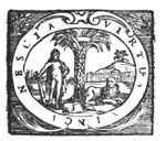 Hercules (club, lion's skin) on one, and a lion on the other side of a palm tree, on top of which a stone lies; Pegasus in the background; decorated frame