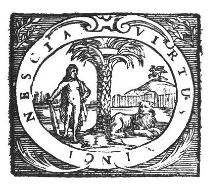 Hercules (club, lion's skin) on one, and a lion on the other side of a palm tree, on top of which a stone lies; Pegasus in the background; decorated frame
