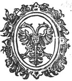 Coat of arms of Arnhem, double-headed eagle, in decorated frame
