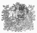 Rocky coast with beacon-light, pillars of Hercules, the sun as a face, ships; frame of branches; banderole with inscription