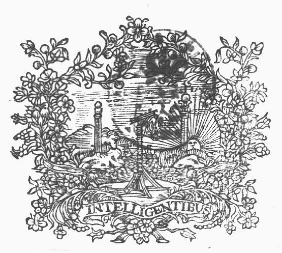 Rocky coast with beacon-light, pillars of Hercules, the sun as a face, ships; frame of branches; banderole with inscription