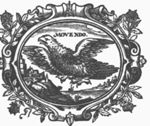 Eagle flying over a coastal landscape with city-view; ornamental scrollwork frame with roses