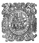 Three men at work in a printing office: one is rolling ink-balls, one is printing, one is type-setting; frame decorated with putti, festoons, cherub