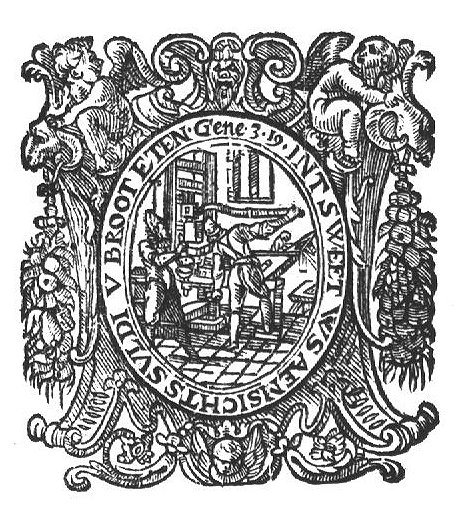 Three men at work in a printing office: one is rolling ink-balls, one is printing, one is type-setting; frame decorated with putti, festoons, cherub
