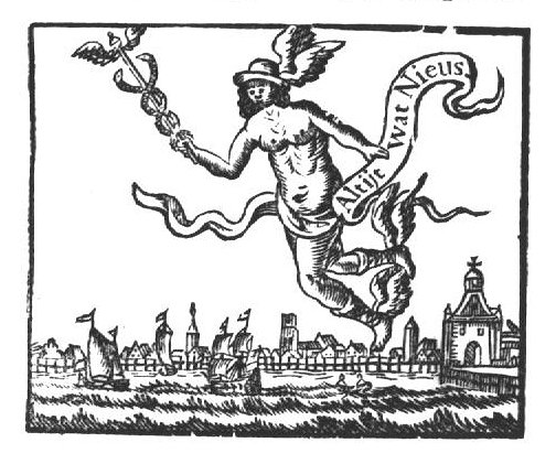 Mercury (with Caduceus, Petasus and winged sandals) flying above a city-view with water; banderole with inscription