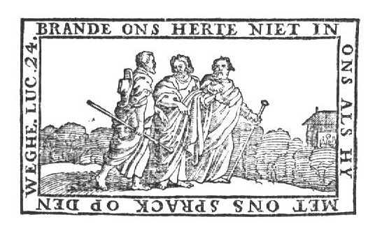 The journey to Emmaus: the two men meet Christ; in the background: the supper at Emmaus
