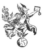 Mercury (with Caduceus, Petasus and winged sandals) standing on a globe holding a book (?)