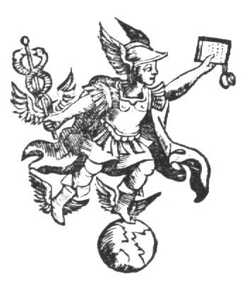 Mercury (with Caduceus, Petasus and winged sandals) standing on a globe holding a book (?)