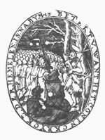 John the Baptist preaching; a large group of attendants; two men seated in front, perhaps shepherds; one of them seems to be holding a shepherd's crook