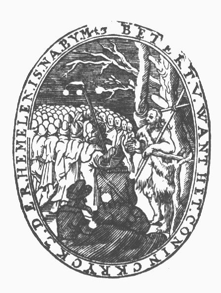 John the Baptist preaching; a large group of attendants; two men seated in front, perhaps shepherds; one of them seems to be holding a shepherd's crook