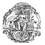 A woman, carrying a yoke, kneeling on the right knee, milk or water coming (spouting) from the right breast, a stone; books and what seems to be a printing press; banderole with inscription