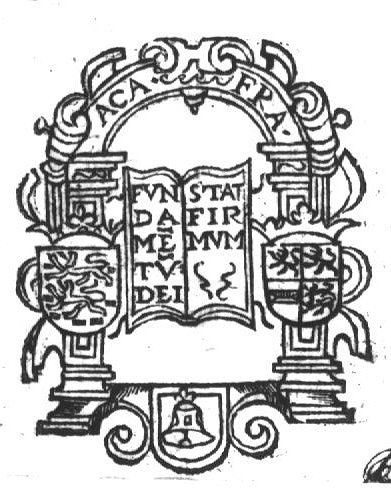 Open book with text, within an inscribed arcade, a bell
