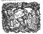 A sitting woman with an open book, an oil-lamp and a cock (Vigilance); a man digging with a spade (Labour); in the background a hay-wagon; frame decorated with various tools, e.g. sickle and saw, and with an inscribed banderole; 'Hausmarke' and initials "A.L."
