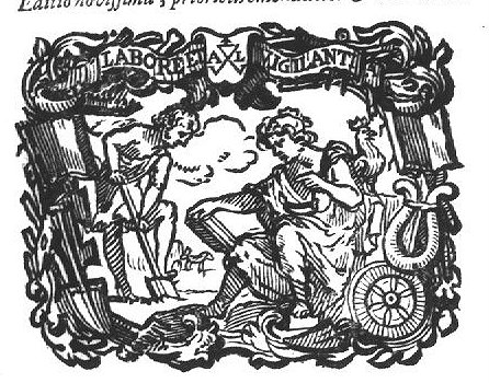 A sitting woman with an open book, an oil-lamp and a cock (Vigilance); a man digging with a spade (Labour); in the background a hay-wagon; frame decorated with various tools, e.g. sickle and saw, and with an inscribed banderole; 'Hausmarke' and initials "A.L."