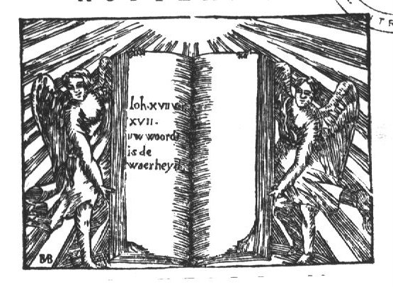 Two angels holding up an open book; the sun