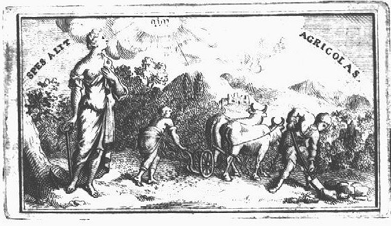 Mountainous landscape with a woman holding an anchor (Hope) and looking upwards at a Jahweh-tetragram, one man ploughing, another man spading
