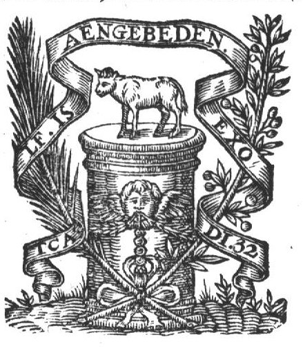 The golden calf on pedestal or altar with cherub, branches, and banderole with inscription